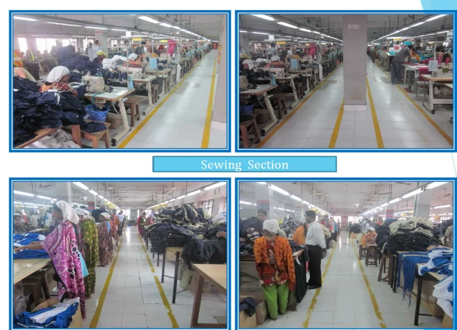 Woven sewing floor with operators at stitching stations