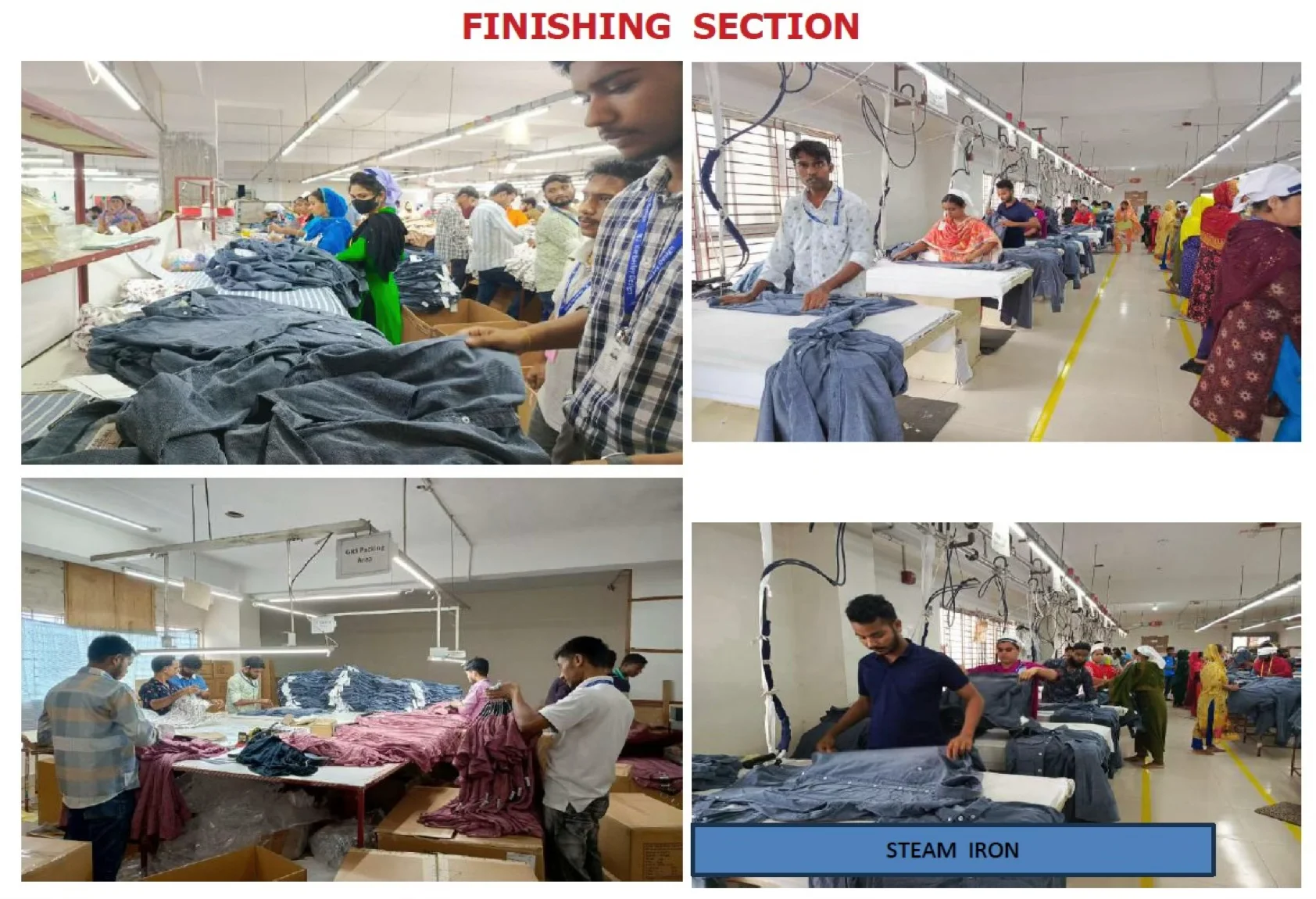 Finishing section where woven garments are pressed